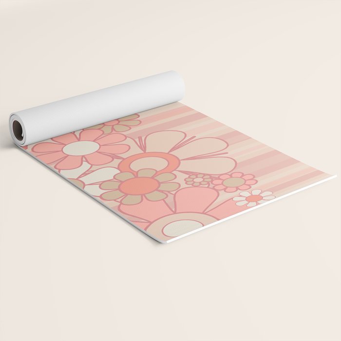 Retro Garden Flowers and Stripes Vintage Aesthetic Floral Pattern in Pastel Pink Peach Yoga Mat Gallery Image 2