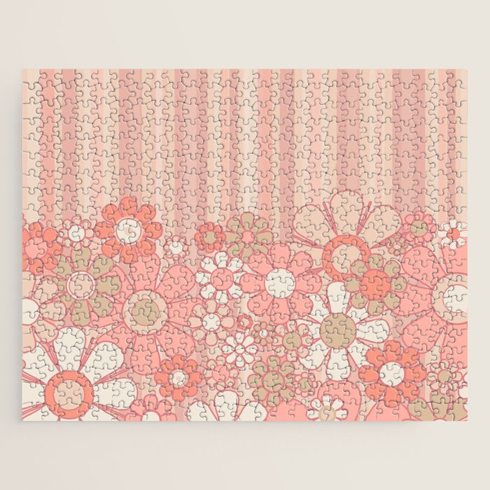Retro Garden Flowers and Stripes Vintage Aesthetic Floral Pattern in Pastel Pink Peach Jigsaw Puzzle Gallery Image 1