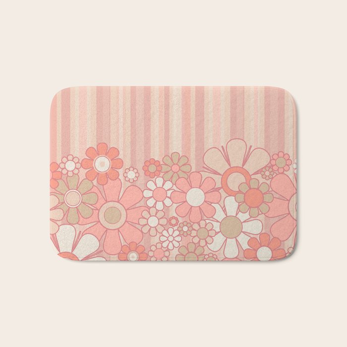 Retro Garden Flowers and Stripes Vintage Aesthetic Floral Pattern in Pastel Pink Peach Bath Mat Gallery Image 1