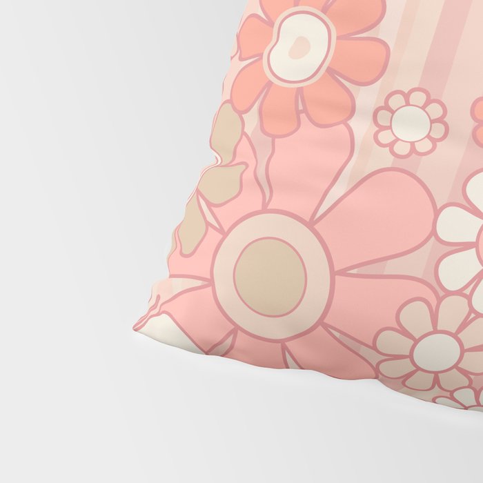 Retro Garden Flowers and Stripes Vintage Aesthetic Floral Pattern in Pastel Pink Peach Pillow Sham Gallery Image 4