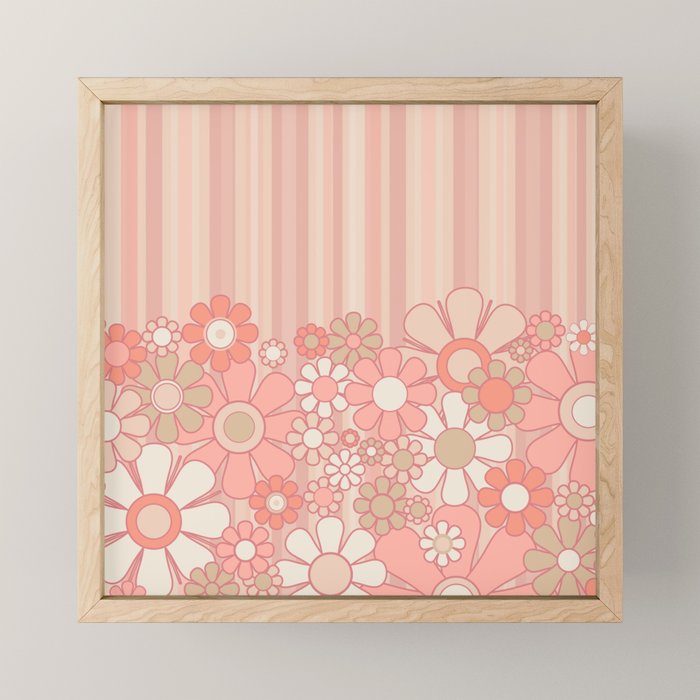 Retro Garden Flowers and Stripes Vintage Aesthetic Floral Pattern in Pastel Pink Peach Mini Art Print Gallery Image 1