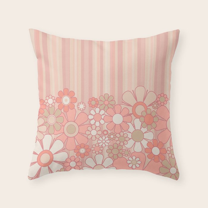 Retro Garden Flowers and Stripes Vintage Aesthetic Floral Pattern in Pastel Pink Peach Throw Pillow Gallery Image 6