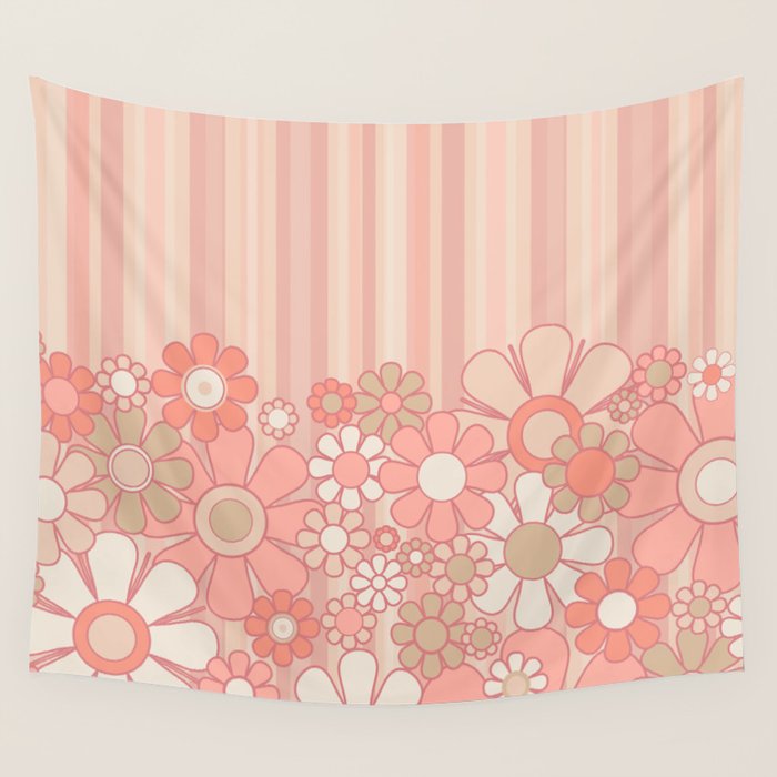 Retro Garden Flowers and Stripes Vintage Aesthetic Floral Pattern in Pastel Pink Peach Wall Tapestry Gallery Image 4