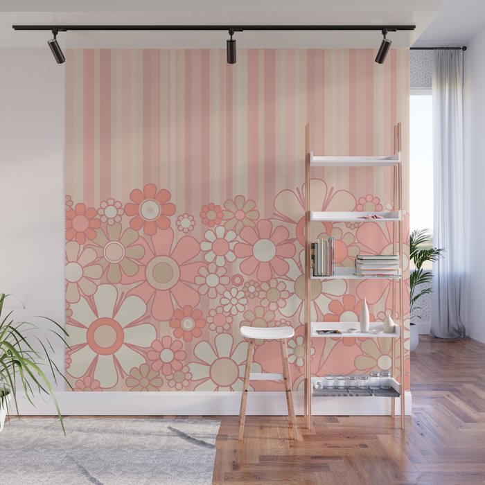 Retro Garden Flowers and Stripes Vintage Aesthetic Floral Pattern in Pastel Pink Peach Wall Mural Gallery Image 1