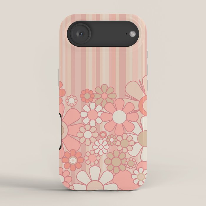 Retro Garden Flowers and Stripes Vintage Aesthetic Floral Pattern in Pastel Pink Peach iPhone Case Gallery Image 2