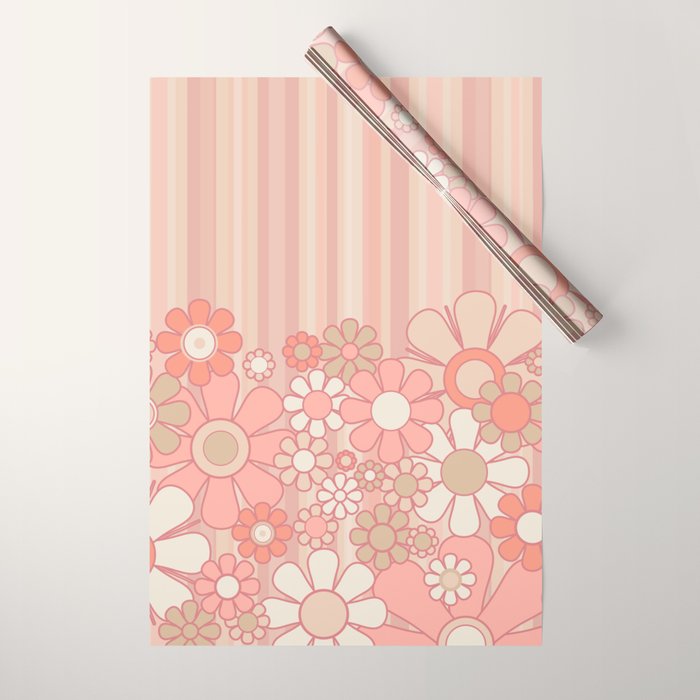 Retro Garden Flowers and Stripes Vintage Aesthetic Floral Pattern in Pastel Pink Peach Wrapping Paper Gallery Image 1