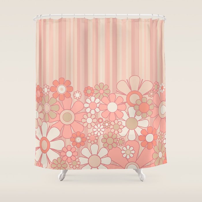 Retro Garden Flowers and Stripes Vintage Aesthetic Floral Pattern in Pastel Pink Peach Shower Curtain Gallery Image 1