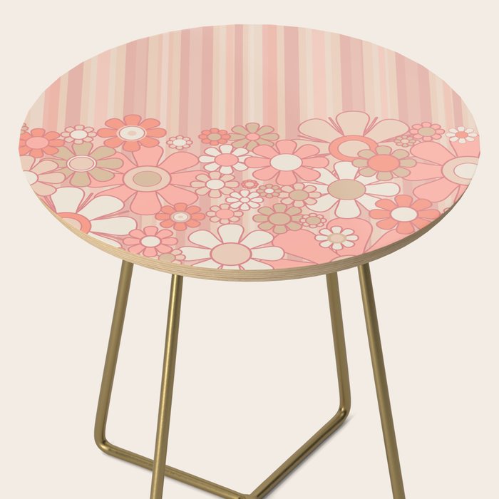 Retro Garden Flowers and Stripes Vintage Aesthetic Floral Pattern in Pastel Pink Peach Side Table Gallery Image 2