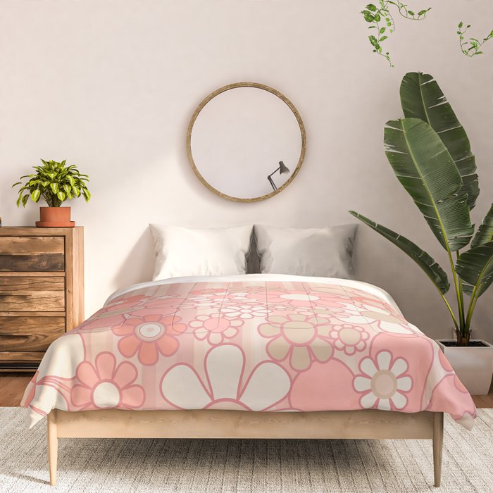 Retro Garden Flowers and Stripes Vintage Aesthetic Floral Pattern in Pastel Pink Peach Comforter Gallery Image 3