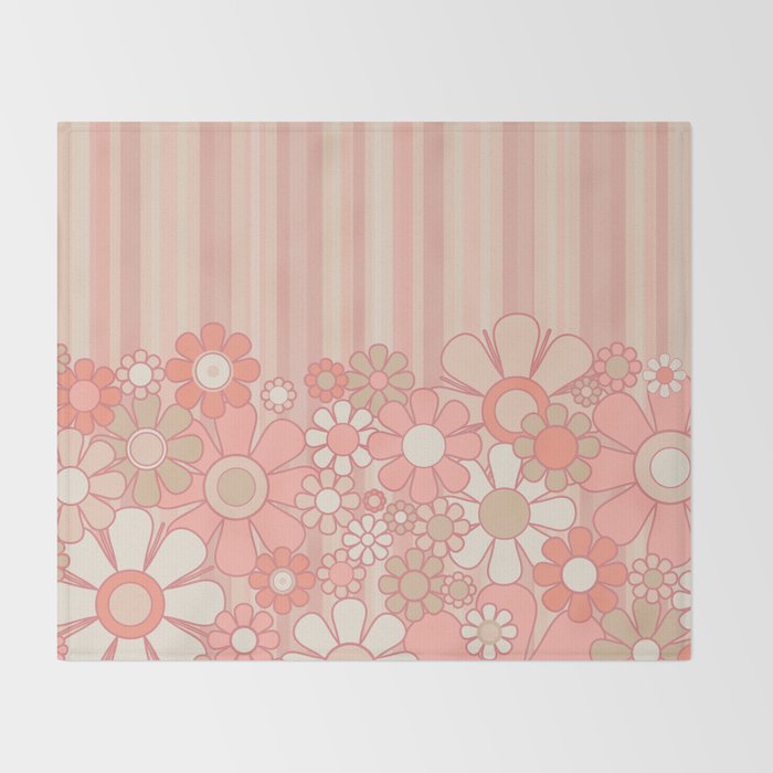 Retro Garden Flowers and Stripes Vintage Aesthetic Floral Pattern in Pastel Pink Peach Throw Blanket Gallery Image 2