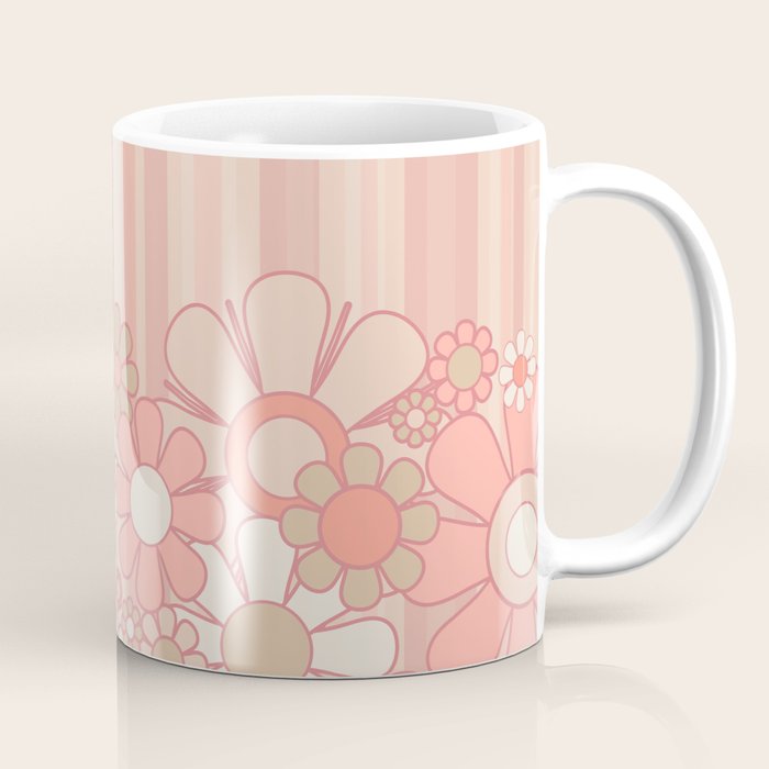 Retro Garden Flowers and Stripes Vintage Aesthetic Floral Pattern in Pastel Pink Peach Coffee Mug Gallery Image 1