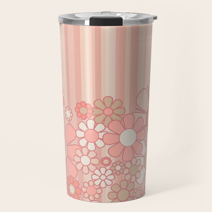 Retro Garden Flowers and Stripes Vintage Aesthetic Floral Pattern in Pastel Pink Peach Travel Mug Gallery Image 1
