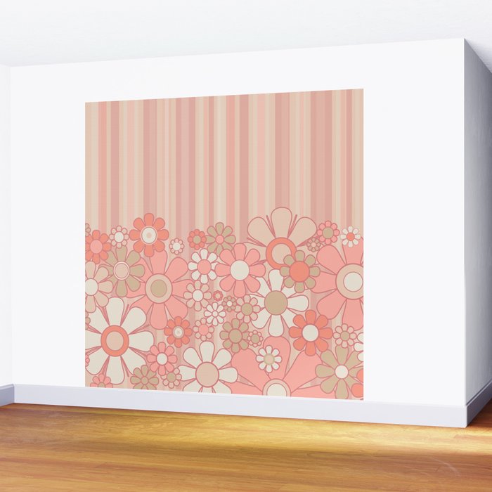 Retro Garden Flowers and Stripes Vintage Aesthetic Floral Pattern in Pastel Pink Peach Wall Mural Gallery Image 2