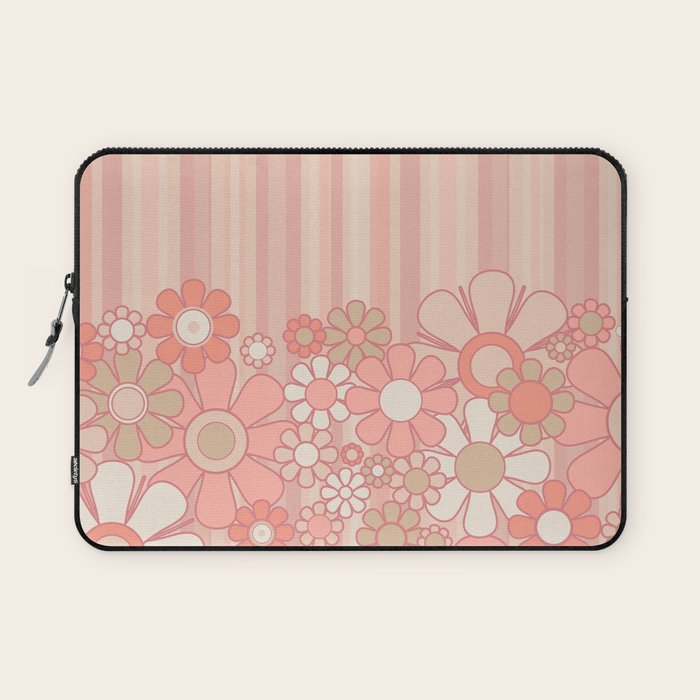 Retro Garden Flowers and Stripes Vintage Aesthetic Floral Pattern in Pastel Pink Peach Laptop Sleeve Gallery Image 1