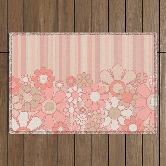 Retro Garden Flowers and Stripes Vintage Aesthetic Floral Pattern in Pastel Pink Peach Outdoor Rug Gallery Image 1