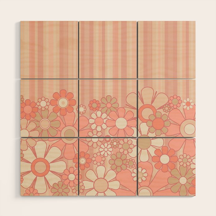 Retro Garden Flowers and Stripes Vintage Aesthetic Floral Pattern in Pastel Pink Peach Wood Wall Art Gallery Image 1