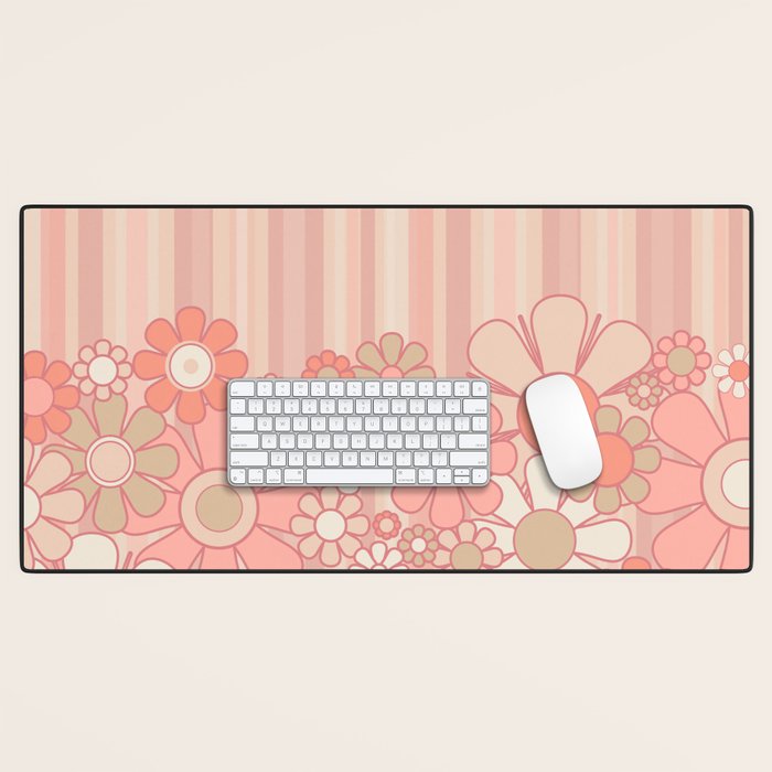 Retro Garden Flowers and Stripes Vintage Aesthetic Floral Pattern in Pastel Pink Peach Desk Mat Gallery Image 1