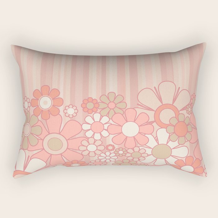 Retro Garden Flowers and Stripes Vintage Aesthetic Floral Pattern in Pastel Pink Peach Rectangular Pillow Gallery Image 1