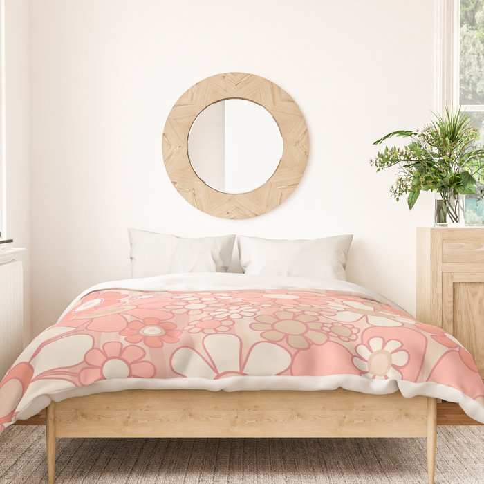 Retro Garden Flowers and Stripes Vintage Aesthetic Floral Pattern in Pastel Pink Peach Duvet Cover Gallery Image 3