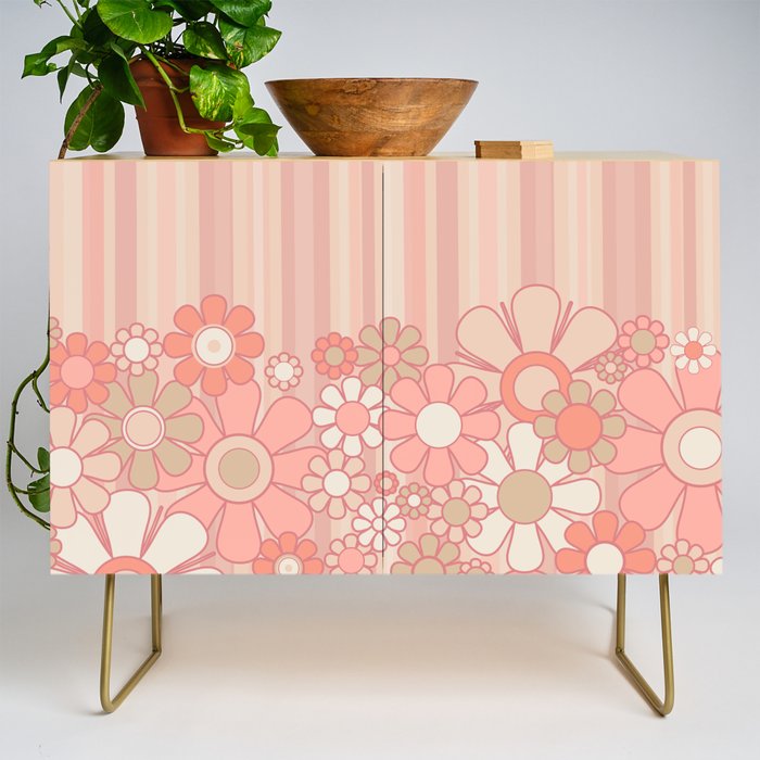 Retro Garden Flowers and Stripes Vintage Aesthetic Floral Pattern in Pastel Pink Peach Credenza Gallery Image 1