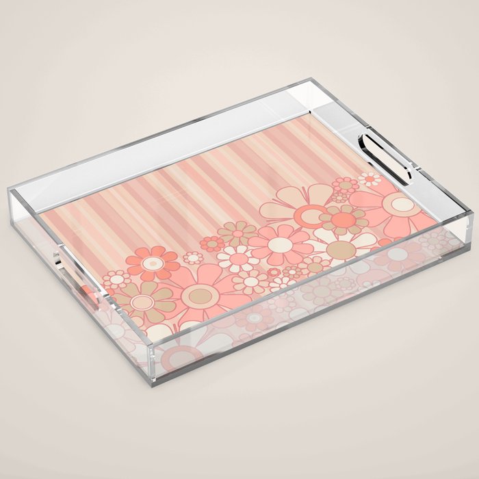 Retro Garden Flowers and Stripes Vintage Aesthetic Floral Pattern in Pastel Pink Peach Acrylic Tray Gallery Image 1