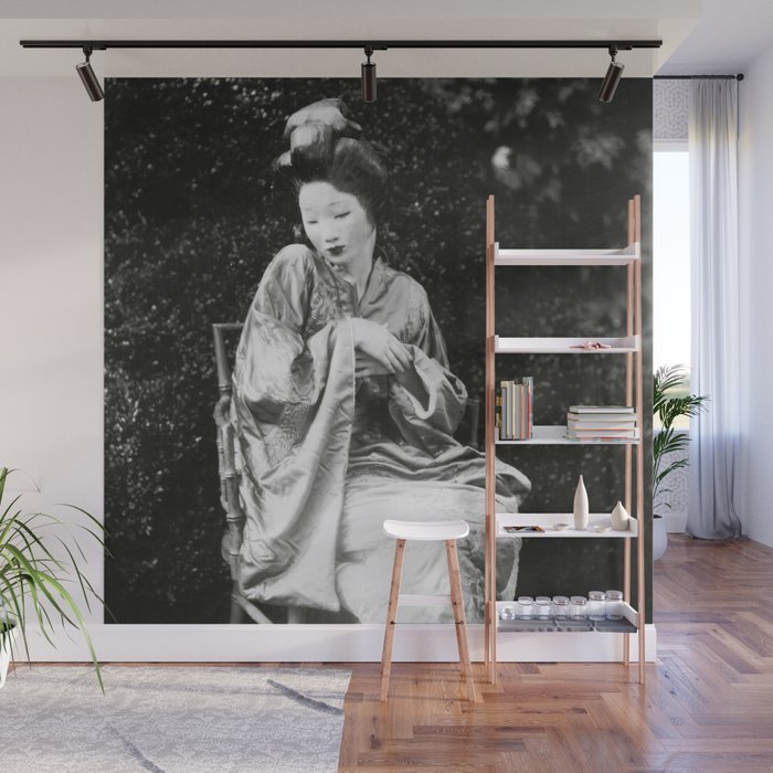 Seated Geisha with mask black and white vintage garden photograph still life by Arnold Genthe Wall Mural Gallery Image 1