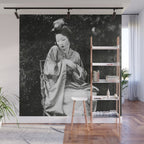 Seated Geisha with mask black and white vintage garden photograph still life by Arnold Genthe Wall Mural Gallery Image 1