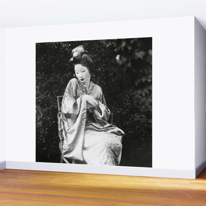 Seated Geisha with mask black and white vintage garden photograph still life by Arnold Genthe Wall Mural Gallery Image 2