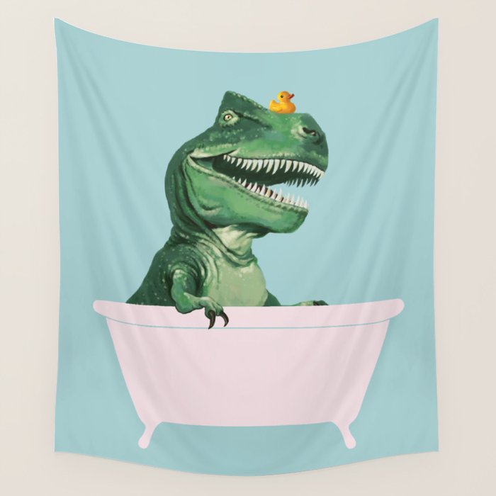Playful T-Rex in Bathtub in Green Wall Tapestry Gallery Image 1