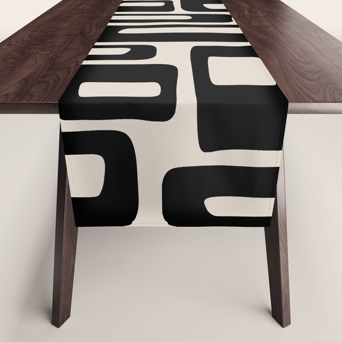 Retro Mid Century Modern Abstract Pattern 735 Black and Linen White Table Runner Gallery Image 1