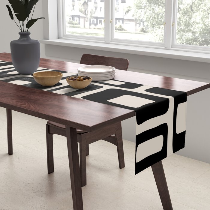 Retro Mid Century Modern Abstract Pattern 735 Black and Linen White Table Runner Gallery Image 2