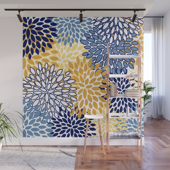 Floral Blooms, Yellow and Blue Flowers Wall Mural Gallery Image 1