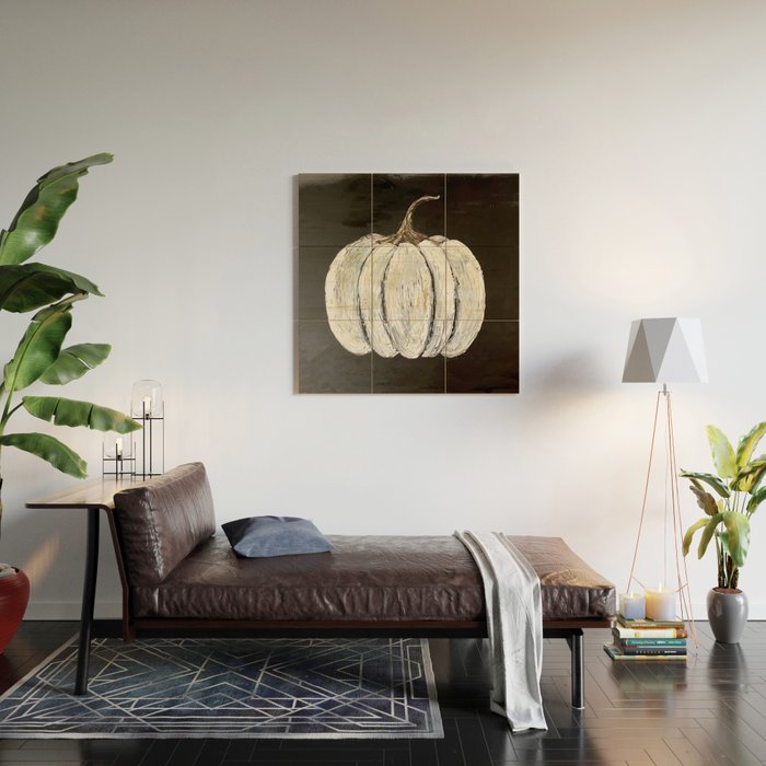 Rustic White Pumpkin on Black Background Wood Wall Art Gallery Image 2