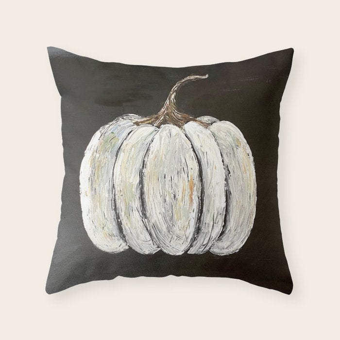 Rustic White Pumpkin on Black Background Throw Pillow Gallery Image 1