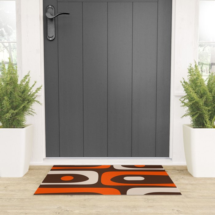 Retro 70s Aesthetic Abstract Mid Century Modern Minimalist Piquet Pattern Brown and Orange Welcome Mat Gallery Image 3