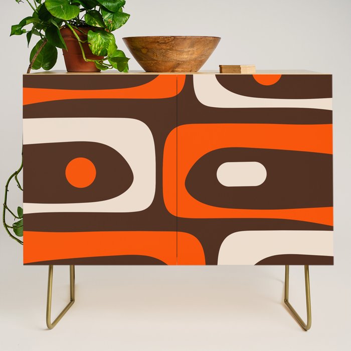 Retro 70s Aesthetic Abstract Mid Century Modern Minimalist Piquet Pattern Brown and Orange Credenza Gallery Image 1