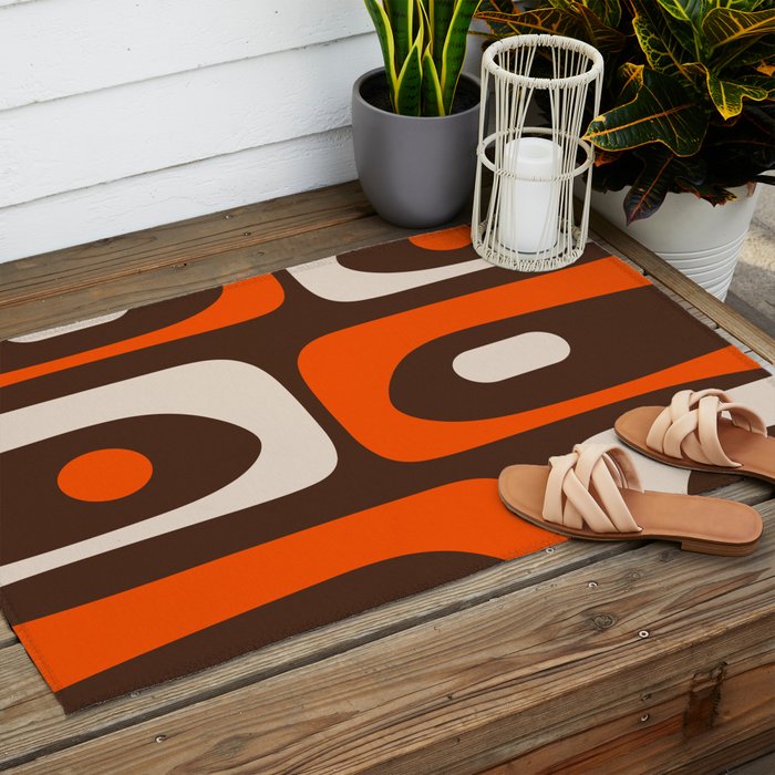 Retro 70s Aesthetic Abstract Mid Century Modern Minimalist Piquet Pattern Brown and Orange Outdoor Rug Gallery Image 2