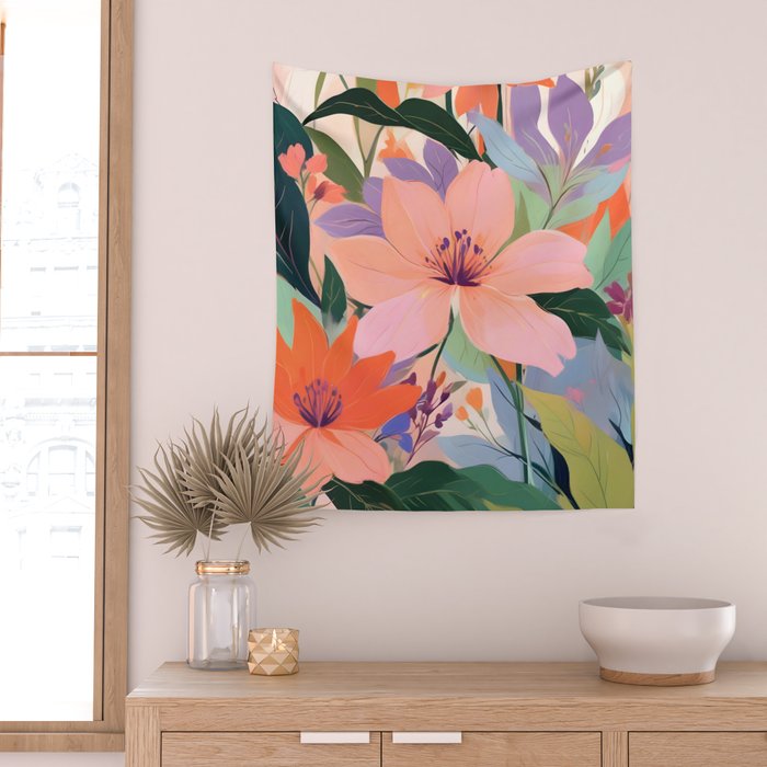 Summer Happy Place, Floral Botanical Nature Painting, Plants Garden Pastel Eclectic, Vintage Flowers Blossom Bohemian Wall Tapestry Gallery Image 2