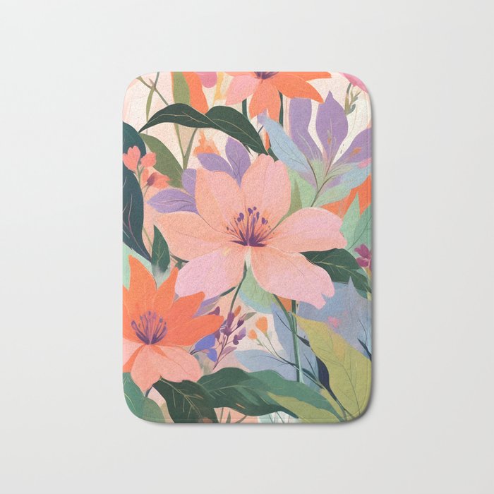 Summer Happy Place, Floral Botanical Nature Painting, Plants Garden Pastel Eclectic, Vintage Flowers Blossom Bohemian Bath Mat Gallery Image 1