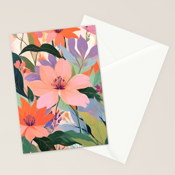 Summer Happy Place, Floral Botanical Nature Painting, Plants Garden Pastel Eclectic, Vintage Flowers Blossom Bohemian Stationery Card Gallery Image 2