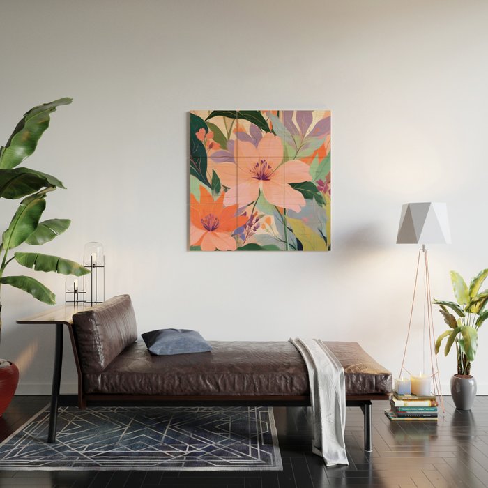 Summer Happy Place, Floral Botanical Nature Painting, Plants Garden Pastel Eclectic, Vintage Flowers Blossom Bohemian Wood Wall Art Gallery Image 2
