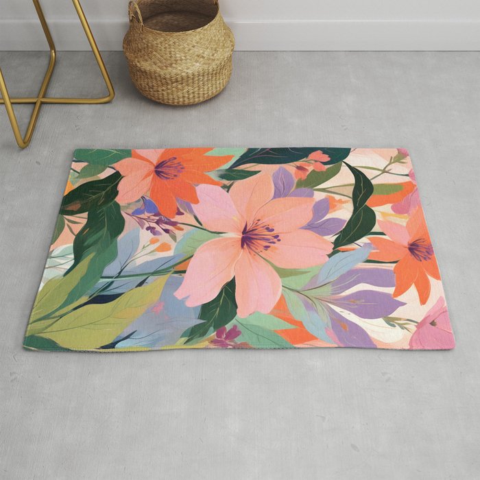 Summer Happy Place, Floral Botanical Nature Painting, Plants Garden Pastel Eclectic, Vintage Flowers Blossom Bohemian Rug Gallery Image 1