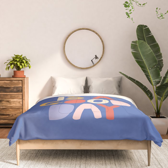 Today is a Good Day in blue red peach pink and mustard yellow Comforter Gallery Image 3