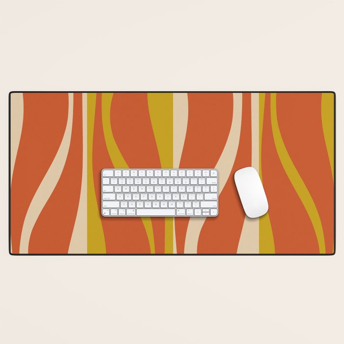 Mid Century Modern Retro Lounge Striped Pattern in Mid Mod Orange Mustard Beige Desk Mat Gallery Image 1
