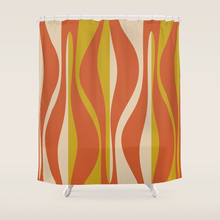 Mid Century Modern Retro Lounge Striped Pattern in Mid Mod Orange Mustard Beige Shower Curtain Gallery Image 1