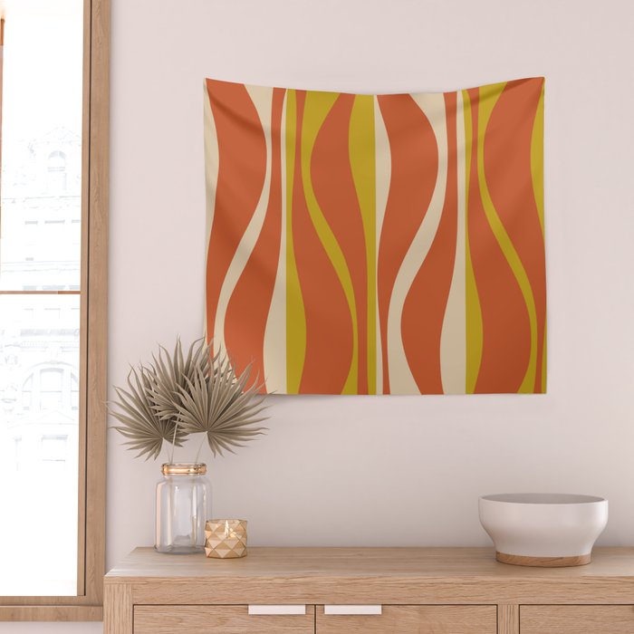 Mid Century Modern Retro Lounge Striped Pattern in Mid Mod Orange Mustard Beige Wall Tapestry Gallery Image 2