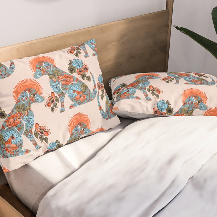 Porcelain Floral Dog - Blue & Coral Pillow Sham Gallery Image 2