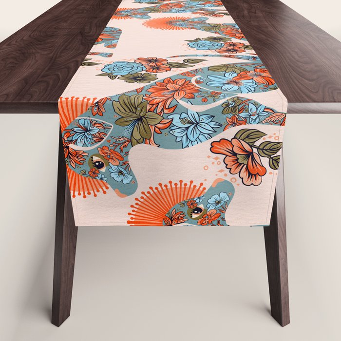 Porcelain Floral Dog - Blue & Coral Table Runner Gallery Image 1