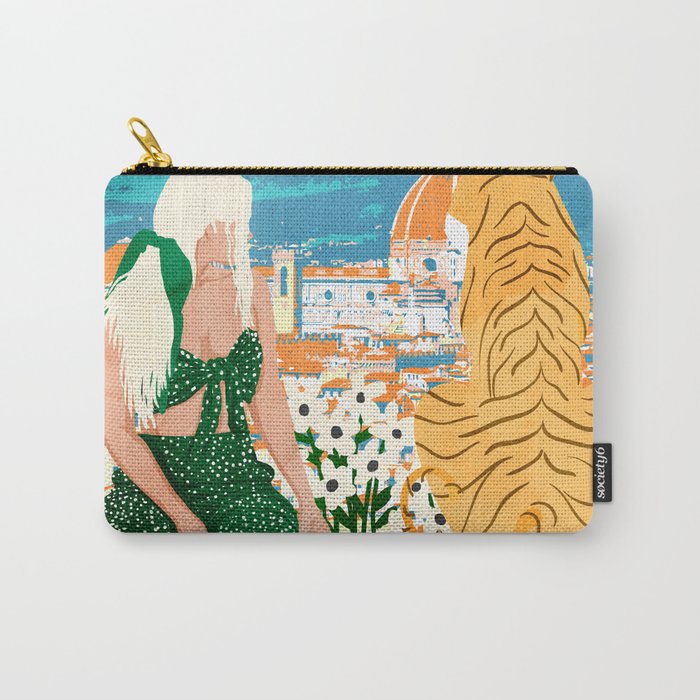 The Italian View, Woman Tiger Travel, Europe Architecture Illustration, Animals Bohemian Carry All Pouch Gallery Image 1