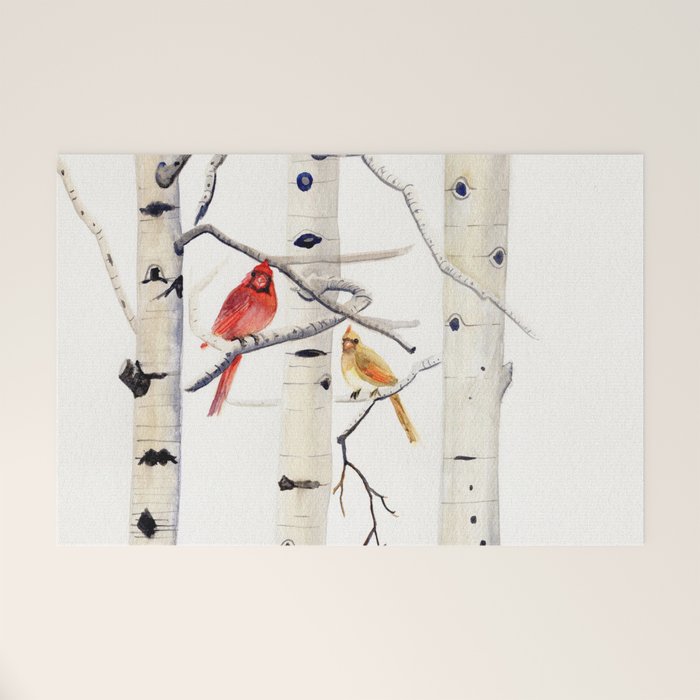 Birch Trees and Cardinal Welcome Mat Gallery Image 1